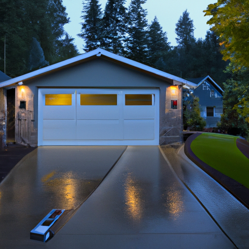 Dusk exterior of a Duvall home showing a modern garage door with a visible smart keypad and sensor.