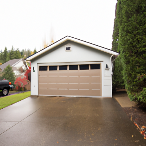 Suburban Duvall home with a modern garage door on wet pavement under an overcast sky