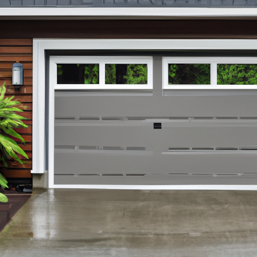 Modern residential garage door in Duvall, WA with Pacific Northwest trees and damp driveway.