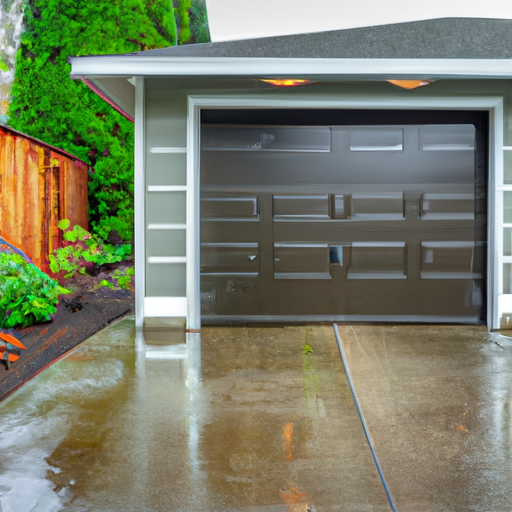 Modern steel garage door partially open on a suburban Duvall driveway, overcast sky, clear view of tracks and springs.