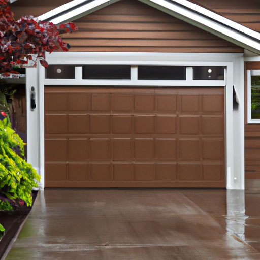 Suburban home in Duvall, WA with a modern insulated garage door slightly ajar on a wet driveway, cedar siding and native landscaping.