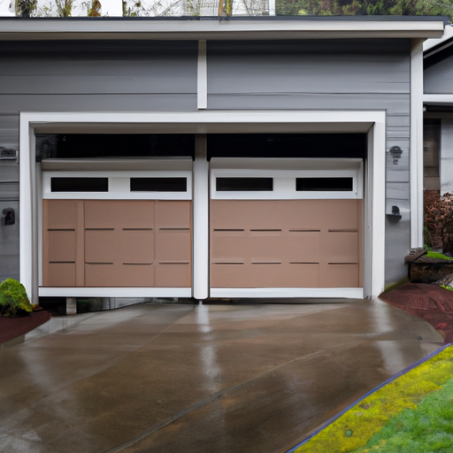 Residential garage door partially open in a Duvall, WA neighborhood with wet pavement and visible tracks.