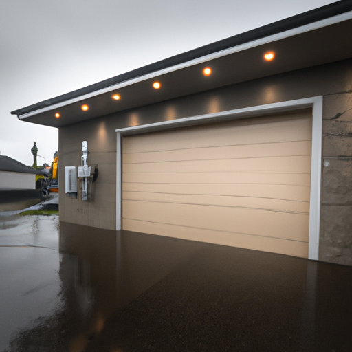 Modern suburban garage door with smart keypad and wall-mounted hub, overcast wet driveway in Duvall, WA.