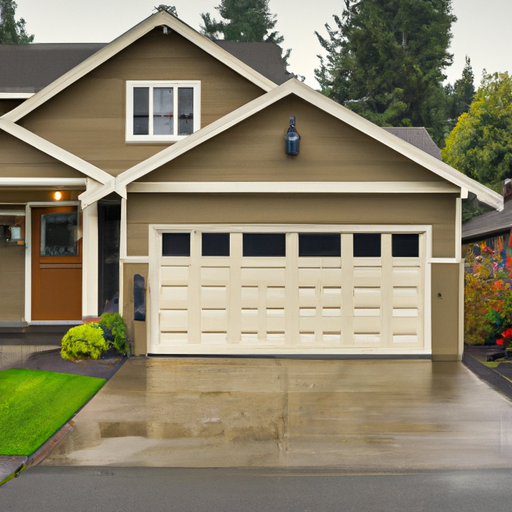 Craftsman-style home in Duvall, WA with a closed garage door visible, damp driveway and PNW foliage.