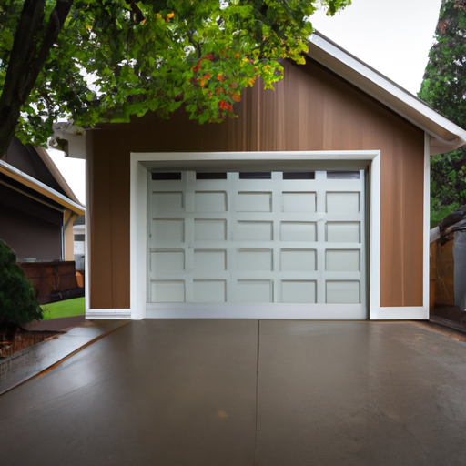 Modern raised-panel garage door partially open on a suburban home in Duvall, WA during an overcast morning with damp pavement.