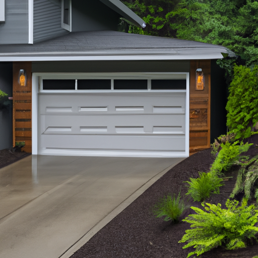 Suburban home in Duvall, WA with a modern sectional garage door, driveway and native landscaping on an overcast day.