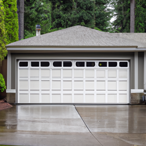 Closed residential garage door with visible hardware, wet driveway, and evergreen trees in the background in Duvall, WA.