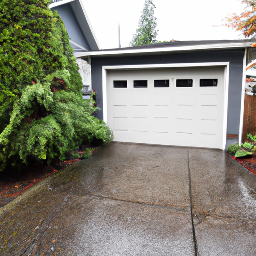 Wide shot of a gray sectional garage door on a Craftsman home in Duvall, WA on a wet overcast morning.