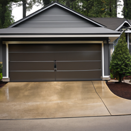 Editorial photo of a modern sectional garage door on a suburban Duvall, WA home with overcast sky and wet pavement