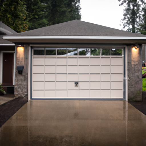 Overcast editorial photo of a modern smart garage door on a suburban Duvall home with wet driveway and evergreens in the background.