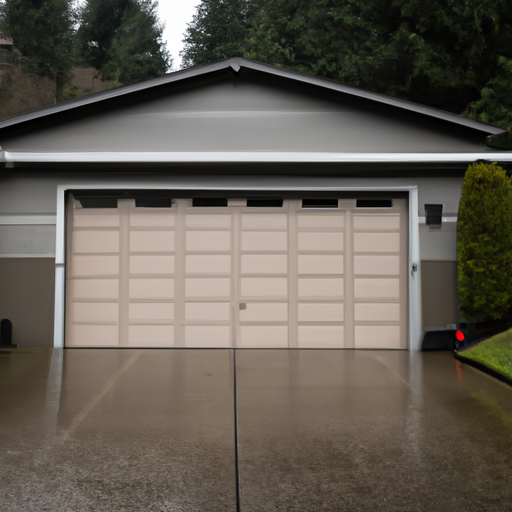 Modern insulated garage door on a suburban home in Duvall, WA with evergreen backdrop and wet driveway.