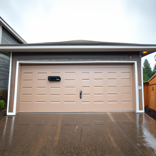 Suburban garage in Duvall, WA with a modern paneled door and visible smart keypad under overcast PNW light.