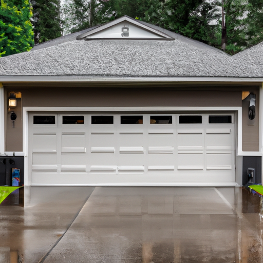 Suburban Duvall garage door with visible weather seals and ceiling-mounted smart opener on a wet overcast day.