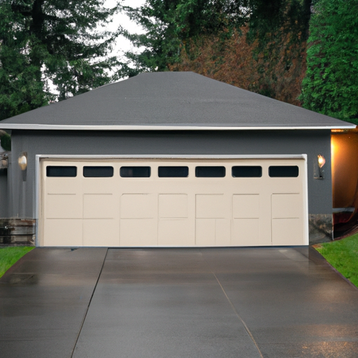 Suburban garage in Duvall, WA with a sectional door slightly open showing the opener and rail above, overcast sky.