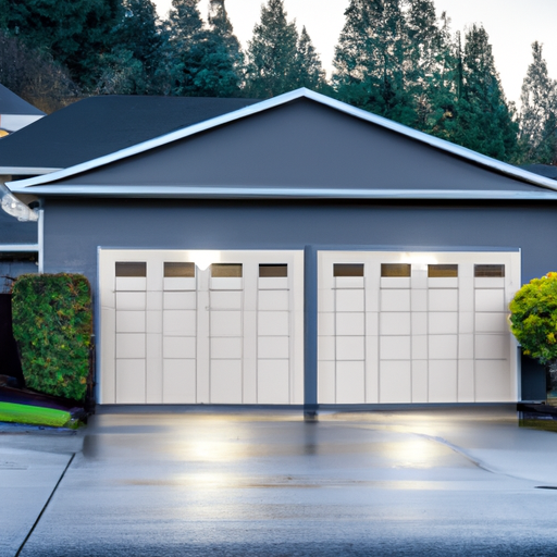 Suburban Duvall garage exterior with a closed modern sectional garage door on a wet driveway, no people.