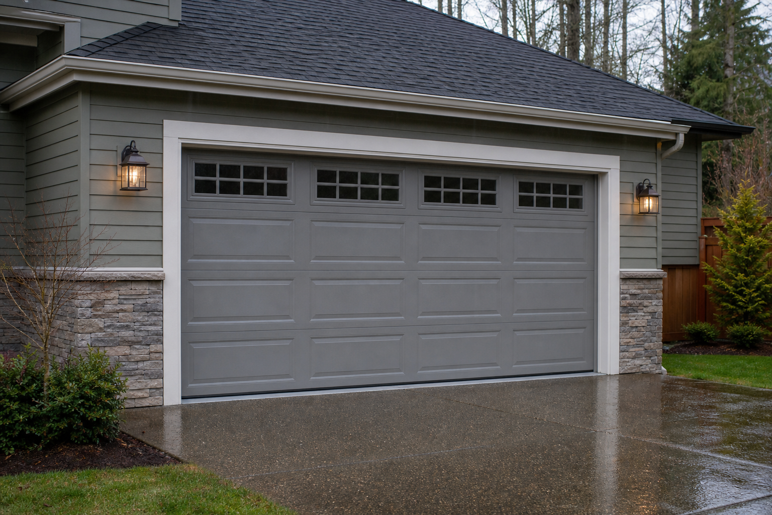 Closed garage door on a damp Duvall driveway after rain